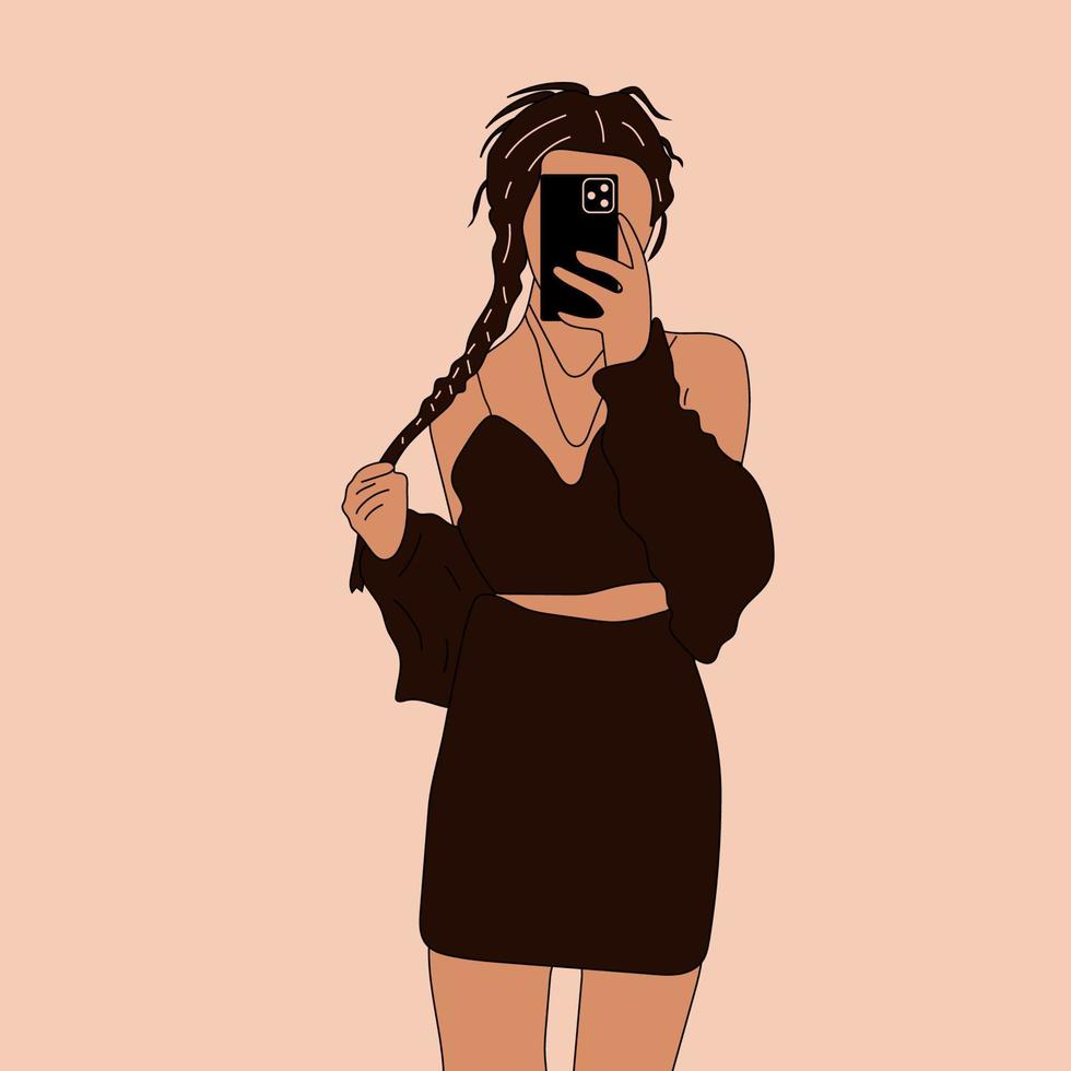 Beautiful young woman in a fashionable clothes takes off herself on a smartphone. Hand drawn sketch. Vector illustration.