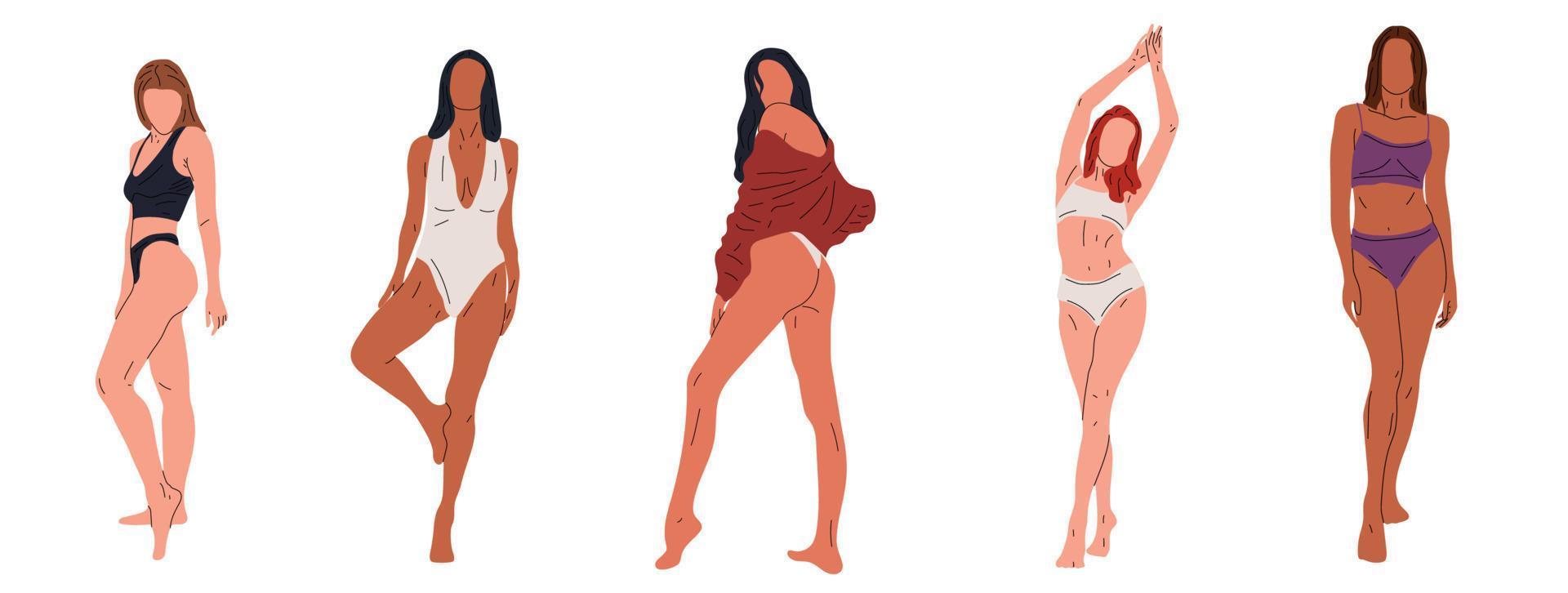 conjunto de cinco jóvenes hermosas mujeres delgadas en ropa interior en pleno crecimiento posando antecedentes aislados. vector