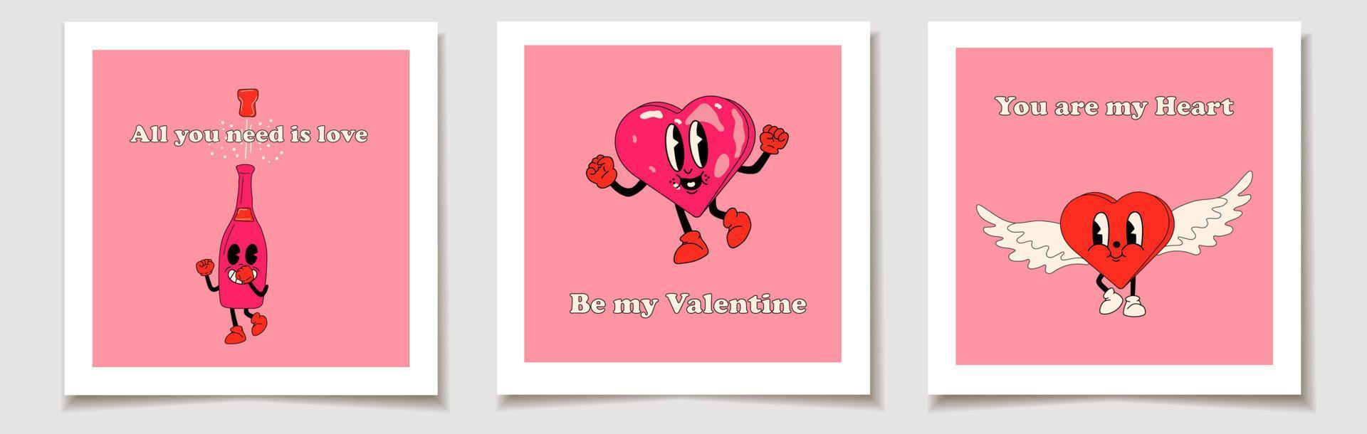 Set of Valentine's day cards with Set of three cartoon mascot character  Love, Valentine's Day. vector