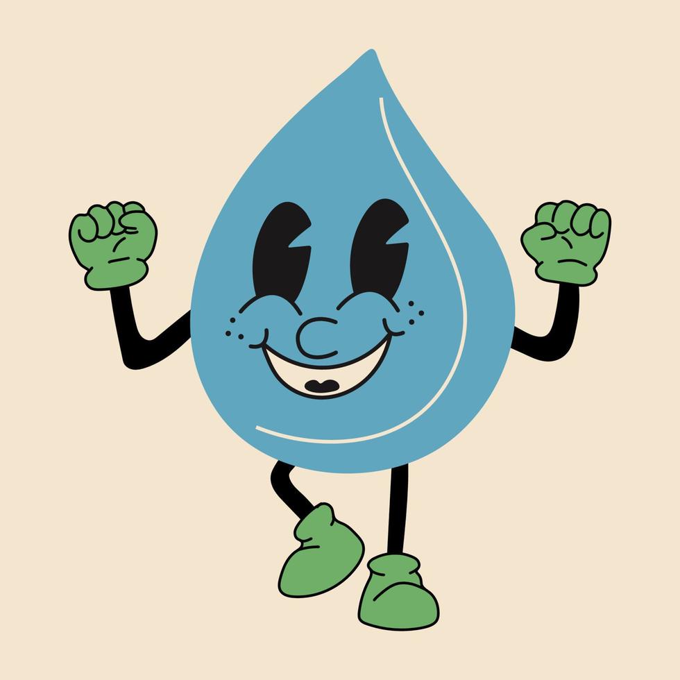 gota de agua 30s personaje de mascota de dibujos animados 40s, 50s, 60s antiguo estilo de animación. vector