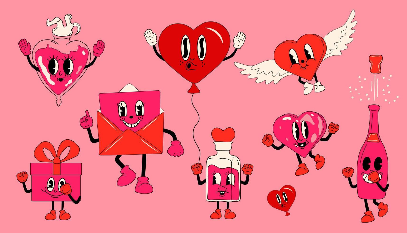 Set of cute vector love stickers for daily planner and diary on dark background. 30s cartoon mascot character 40s, 50s, 60s old animation style.Valentine's Day concept