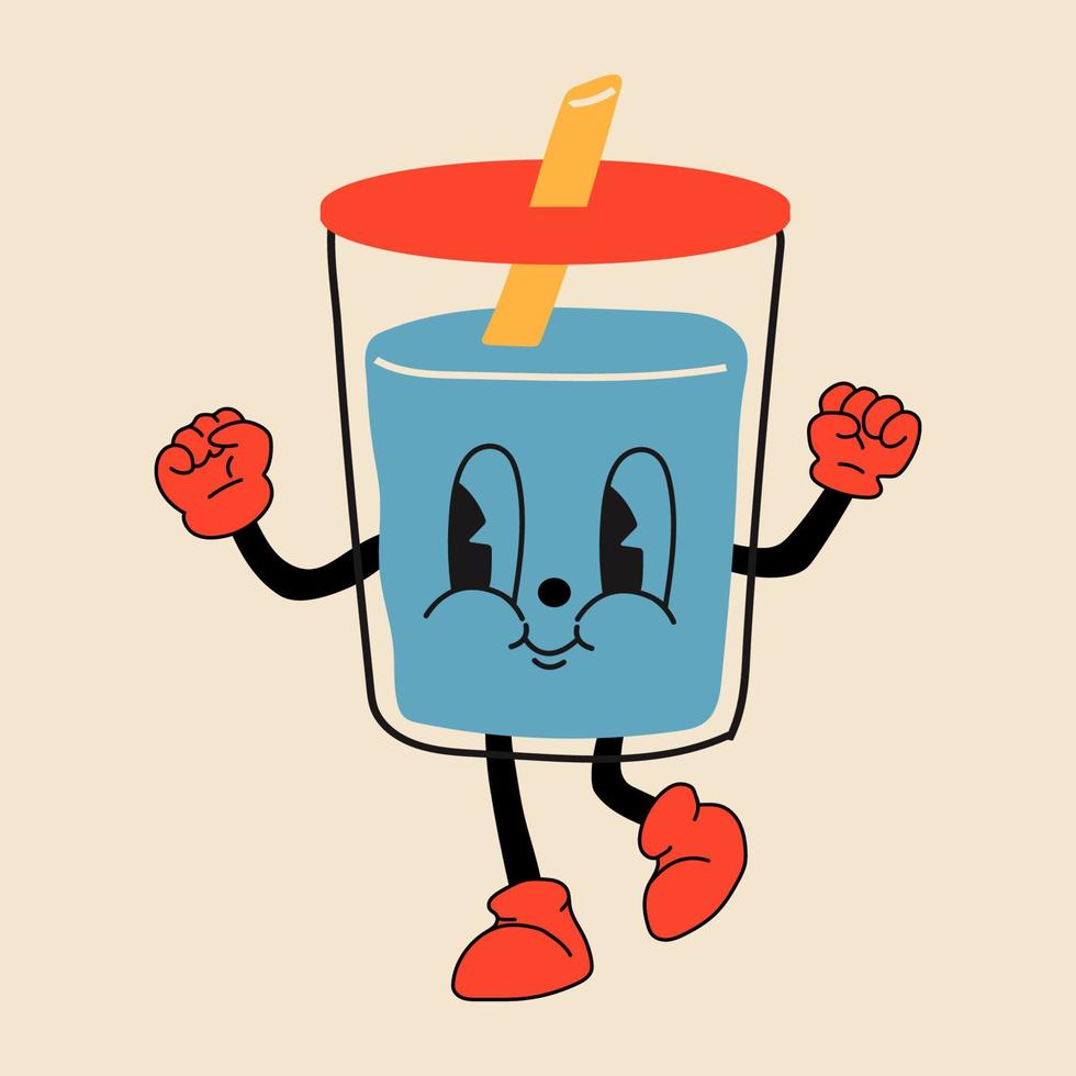 Glass of water 30s cartoon mascot character 40s, 50s, 60s old animation style. vector