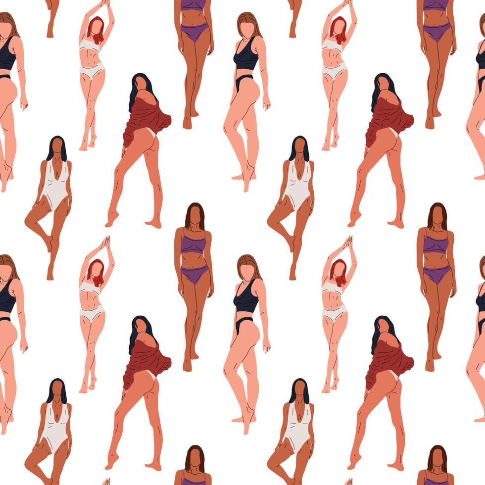 Seamless Pattern with Set  Young beautiful slim woman in underwear in full growth posing vector