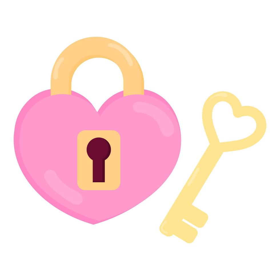 Isolated flat design illustration of pink lovely heart lock and golden key vector
