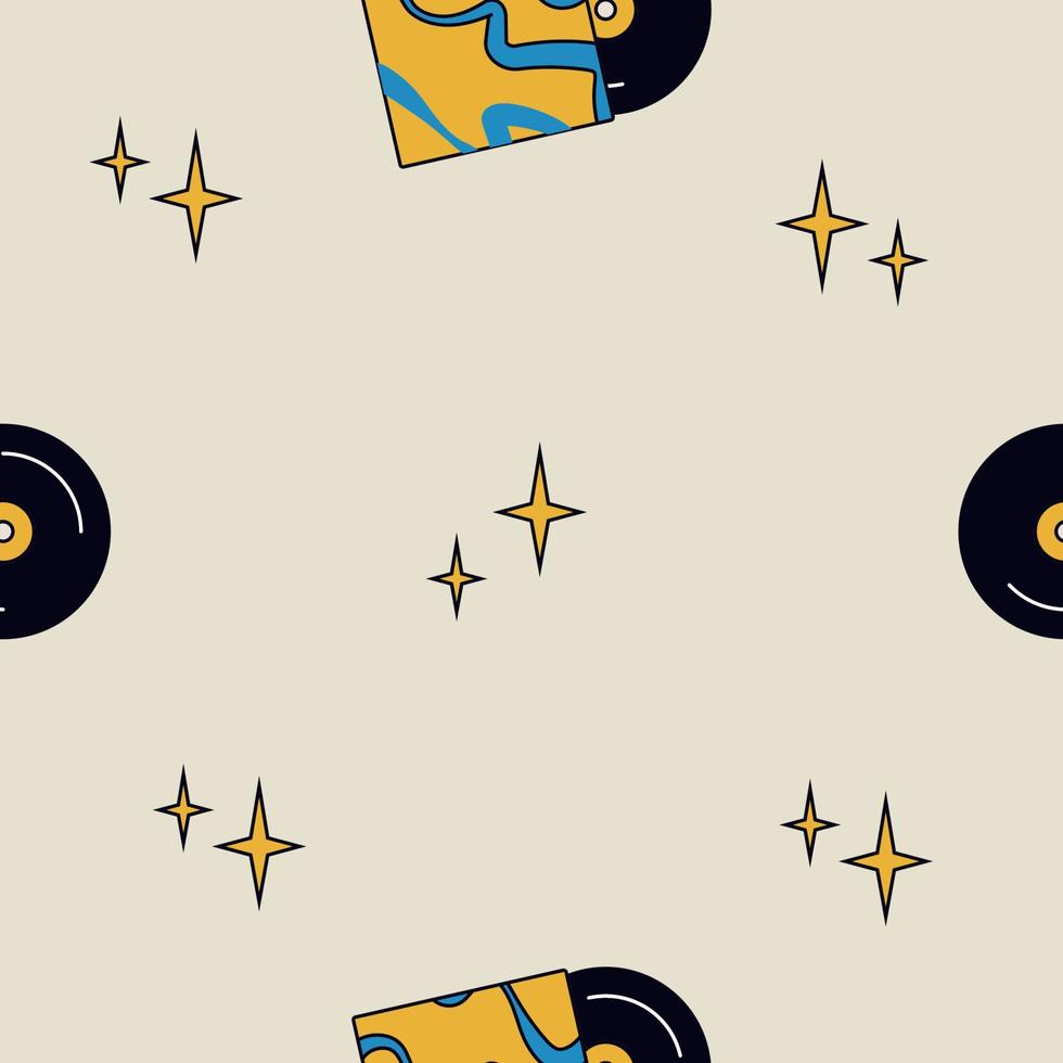 Seamless retro groovy pattern. Groovy power. Cartoon naive vector design with stars and records. Style of the 60s, 70s, 80s.