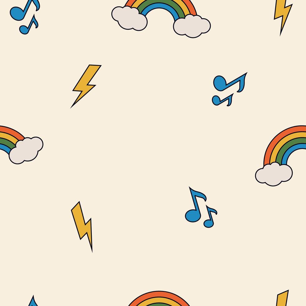 Seamless retro groovy pattern. Groovy power. Cartoon naive vector design with notes, rainbows, clouds and lightning. Style of the 60s, 70s, 80s.