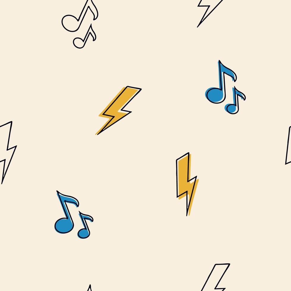 Seamless retro groovy pattern. Groovy power. Cartoon naive vector design with music notes and lightning. Style of the 60s, 70s, 80s.