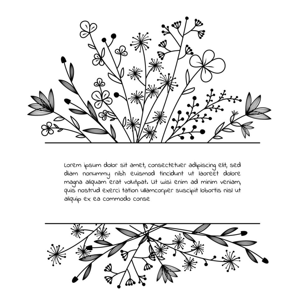 Floral hand drawn frame for your text. Outlined doodle flowers and leaves. Nature eco flower blank for an instagram post. Vector Illustration