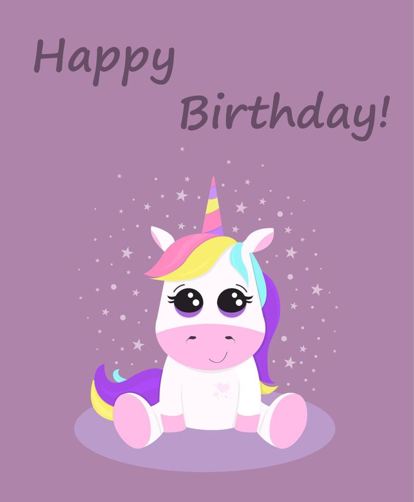 Cute smiling unicorn with big eyes sitting down with stars around vector