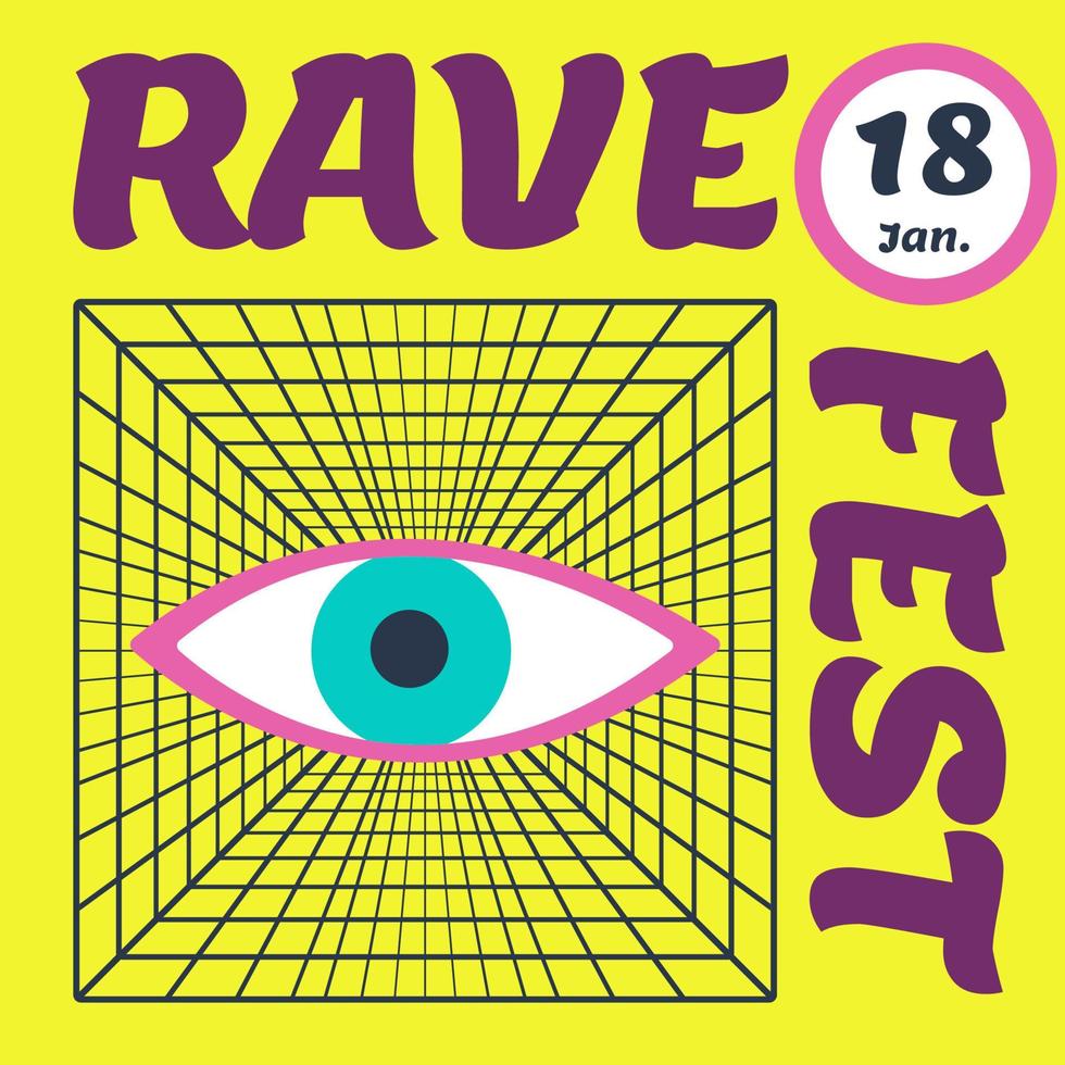 Poster, sticker, ticket, button with text Rave Fest and hand drawn eye in the background with lights vector