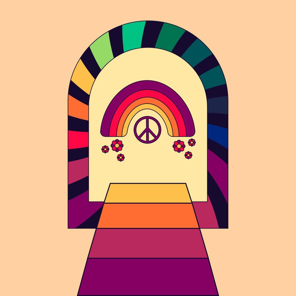 telón de fondo, icono, pegatina en estilo hippie con puerta, camino de arco iris con arco iris, signo de paz y flores. vector