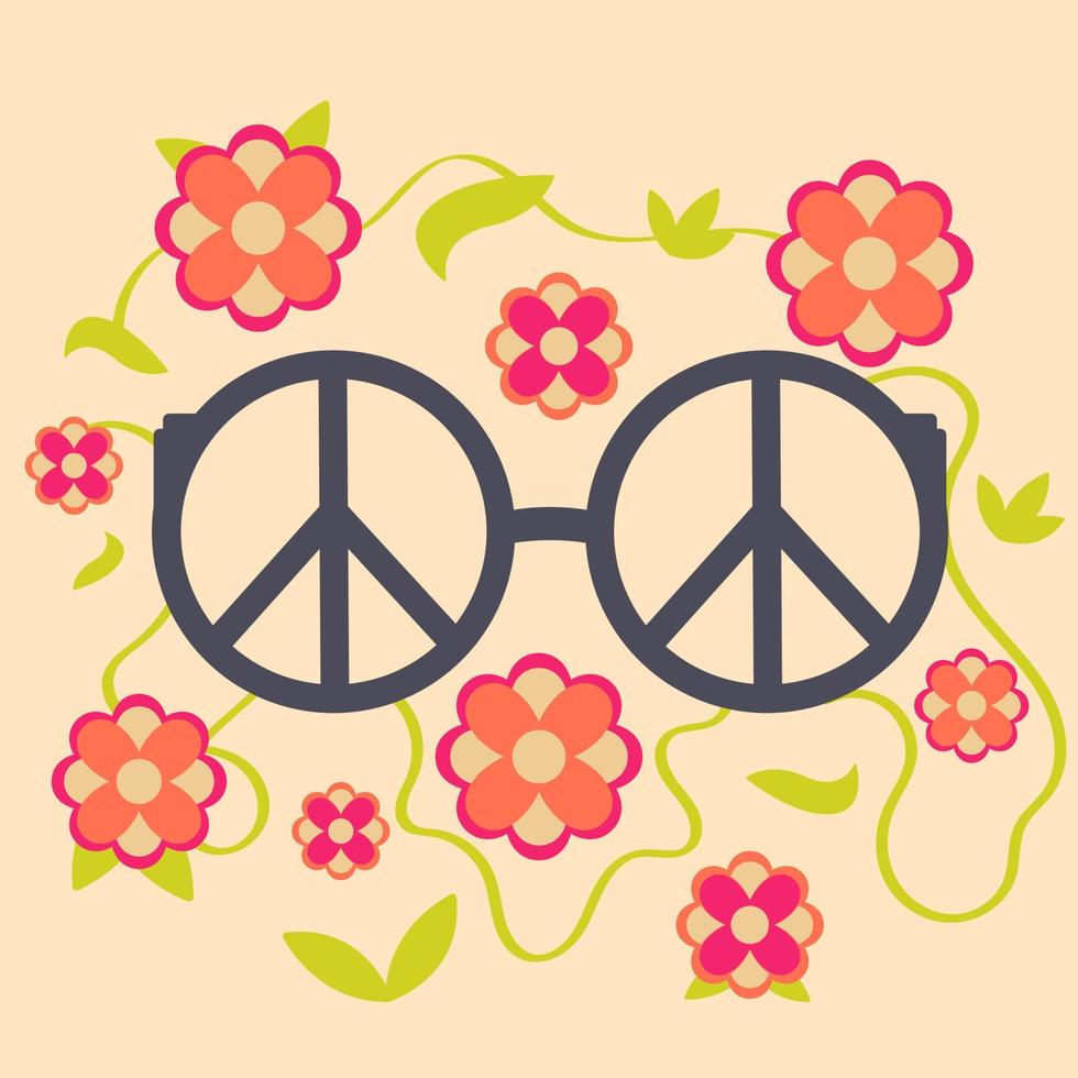 icono, pegatina al estilo hippie con gafas con signo de paz y flores en el fondo vector