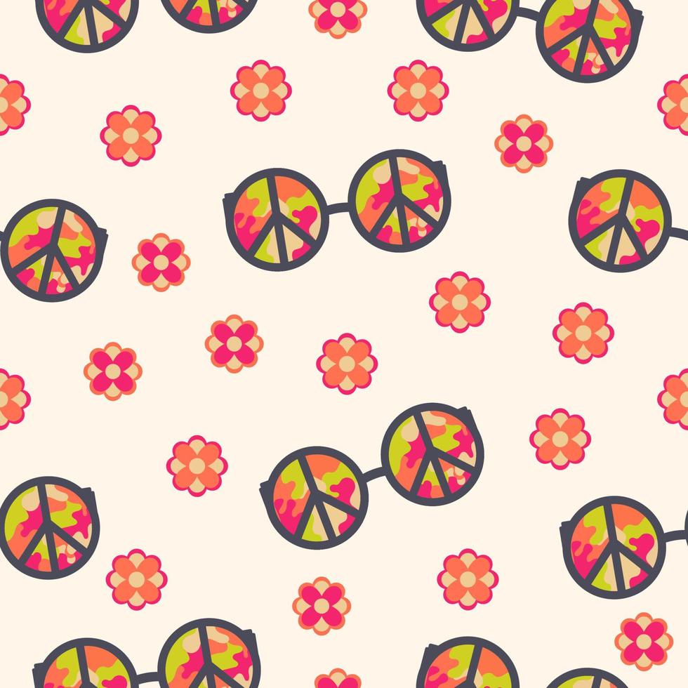 seamless pattern in hippie style with glasses with hippie sign with rainbow backdrop and flowers vector