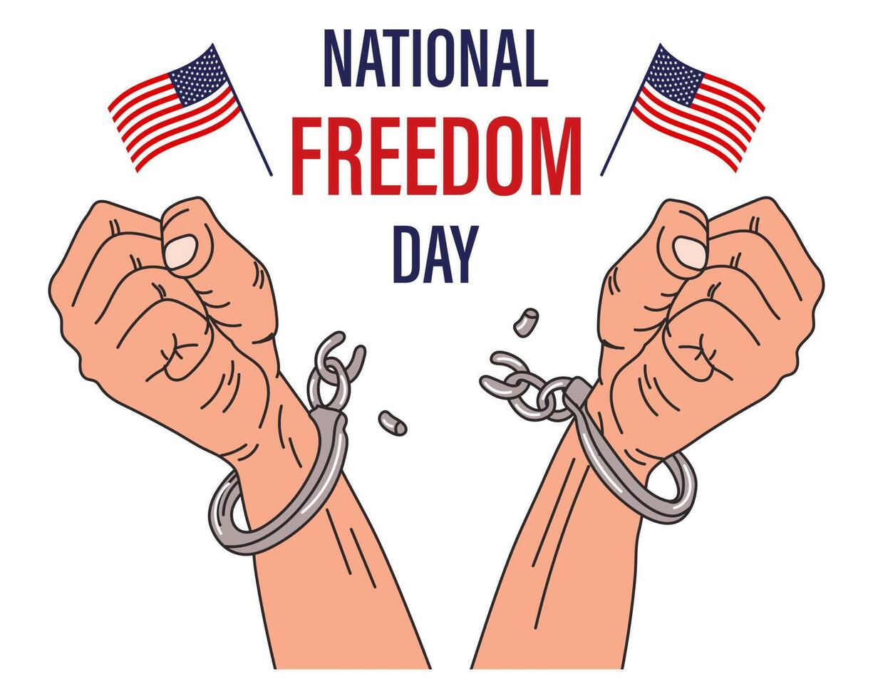 National Freedom Day in the USA. Hands with called handcuffs and USA