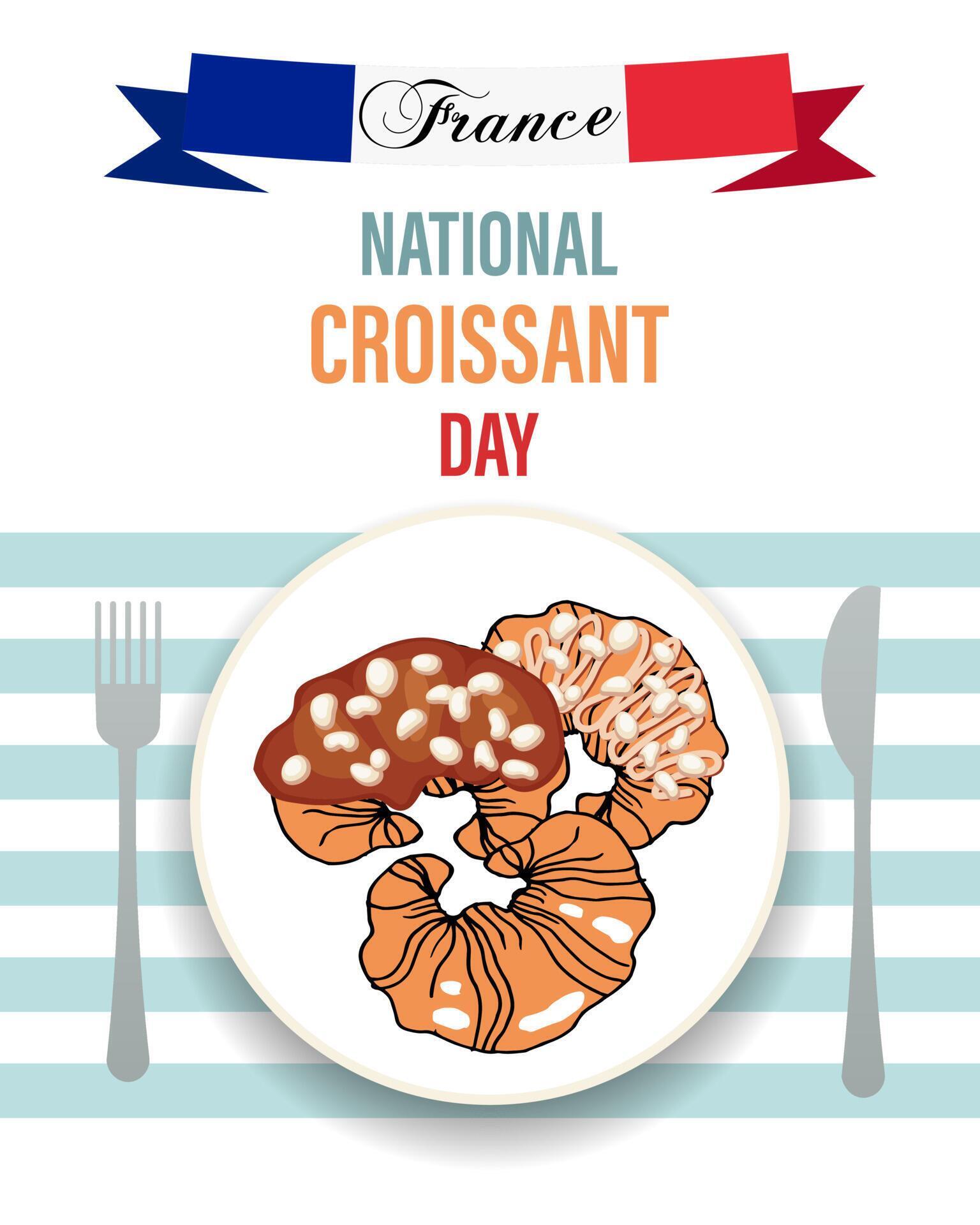 National croissant day, holiday. Croissants in a plate, a fork with a