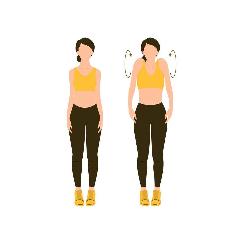 la mujer demuestra cómo hacer la rotación del hombro. ilustración plana vectorial. ejercicio femenino aislado sobre fondo blanco. chica atlética haciendo ejercicios vector