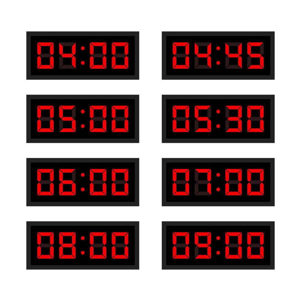 Set of red LCD display digital clock in flat style design isolated on white background. vector