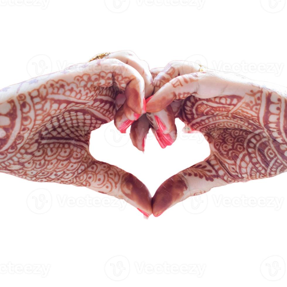 Beautiful woman dressed up as Indian tradition with henna mehndi design on her both hands to celebrate big festival of Karwa Chauth with plain white background photo