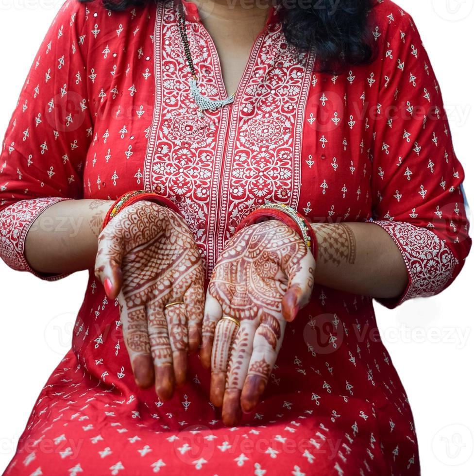 Beautiful woman dressed up as Indian tradition with henna mehndi design on her both hands to celebrate big festival of Karwa Chauth with plain white background photo