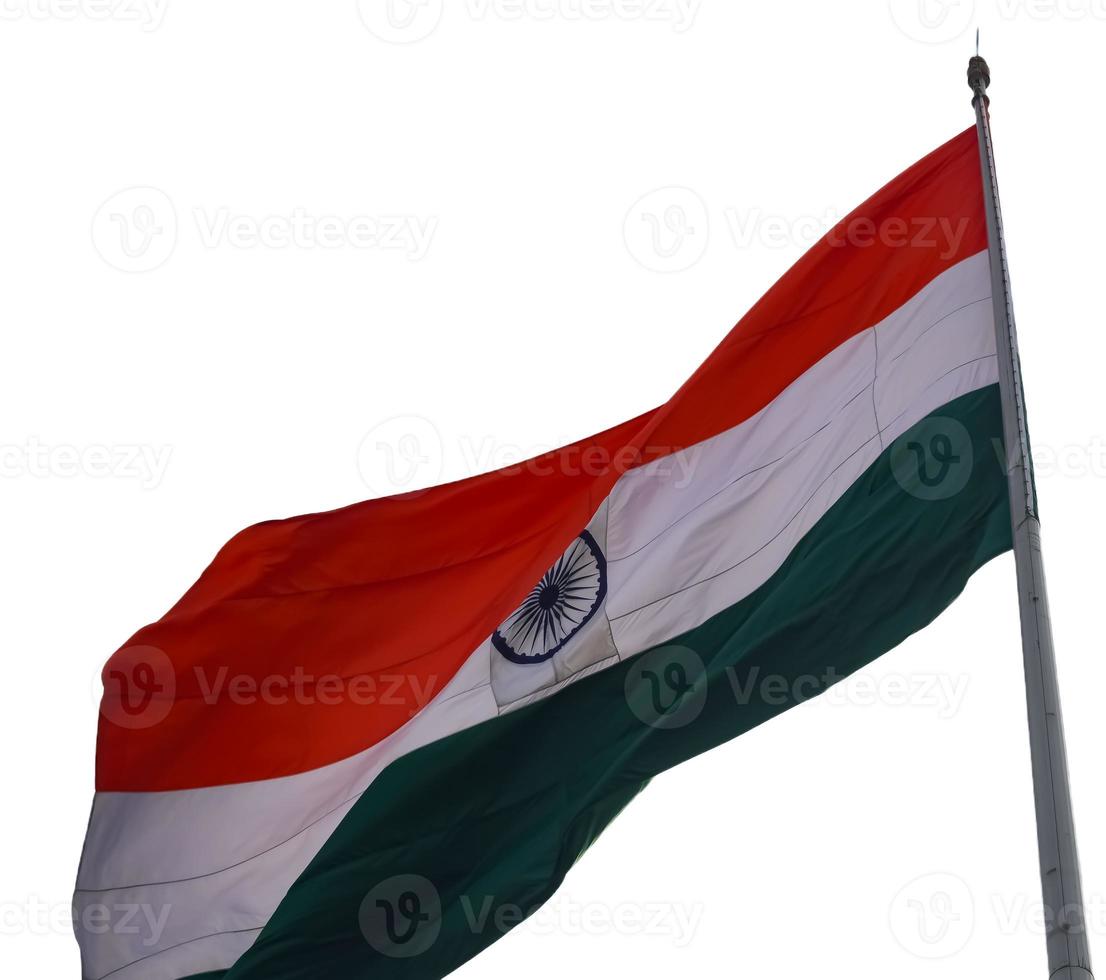 India flag flying high at Connaught Place with pride with plain white background, India flag fluttering, Indian Flag on Independence Day and Republic Day of India, tilt up shot, Har Ghar Tiranga photo