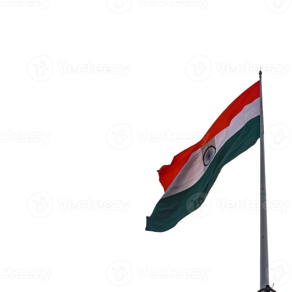 India flag flying high at Connaught Place with pride with plain white background, India flag fluttering, Indian Flag on Independence Day and Republic Day of India, tilt up shot, Har Ghar Tiranga photo