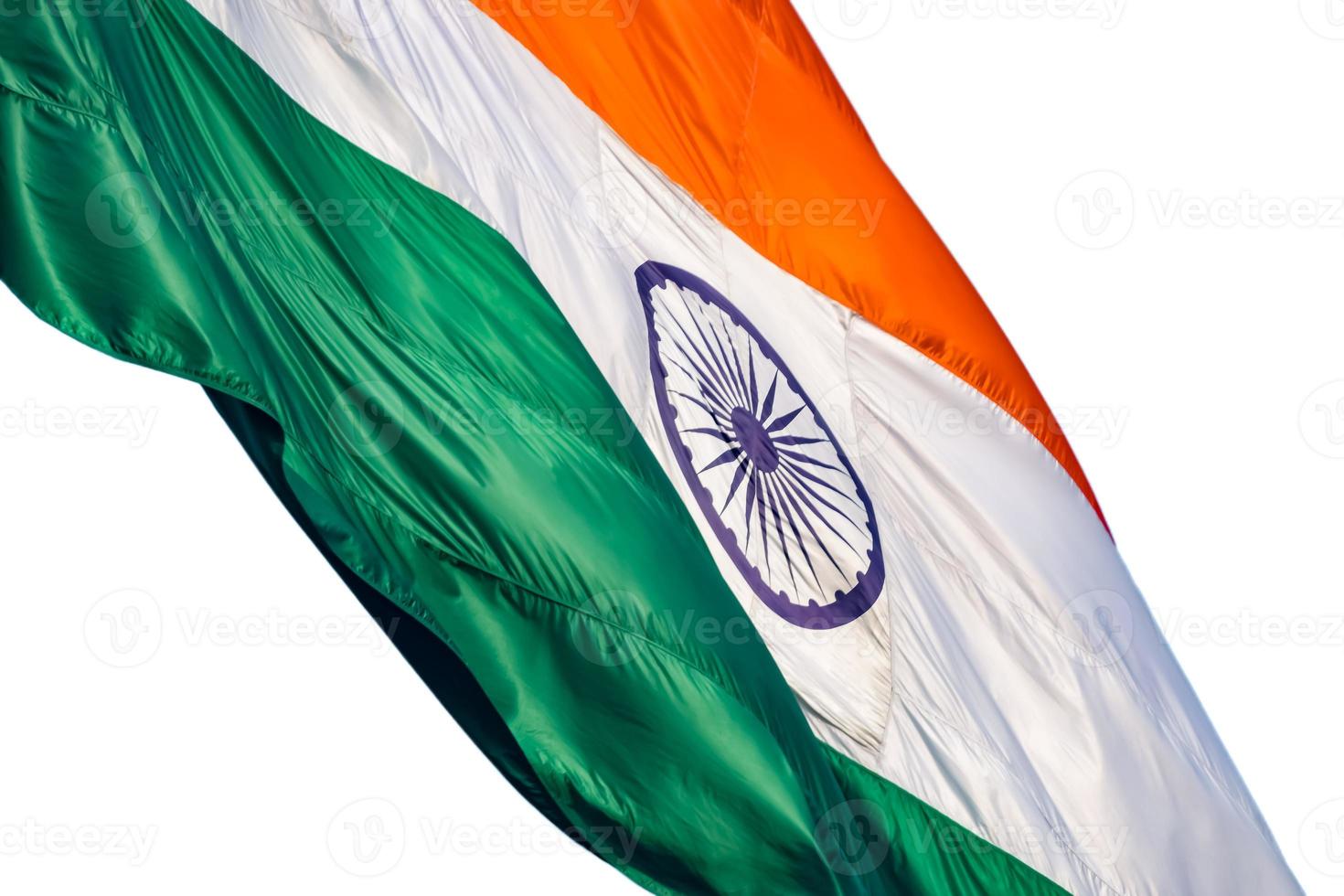 India flag flying high at Connaught Place with pride with plain white background, India flag fluttering, Indian Flag on Independence Day and Republic Day of India, tilt up shot, Har Ghar Tiranga photo