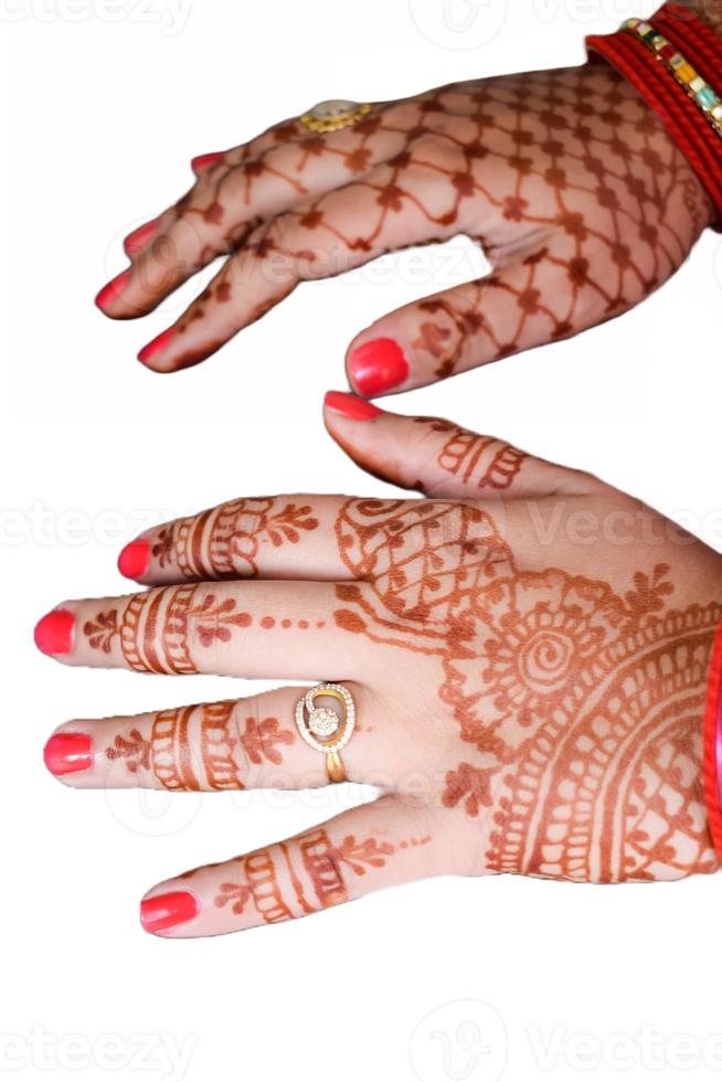 Beautiful woman dressed up as Indian tradition with henna mehndi design on her both hands to celebrate big festival of Karwa Chauth with plain white background photo