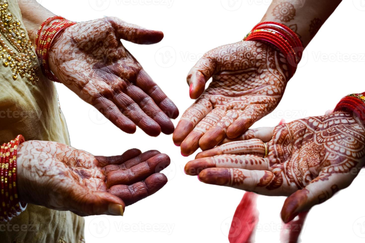 Beautiful woman dressed up as Indian tradition with henna mehndi design on her both hands to celebrate big festival of Karwa Chauth with plain white background photo