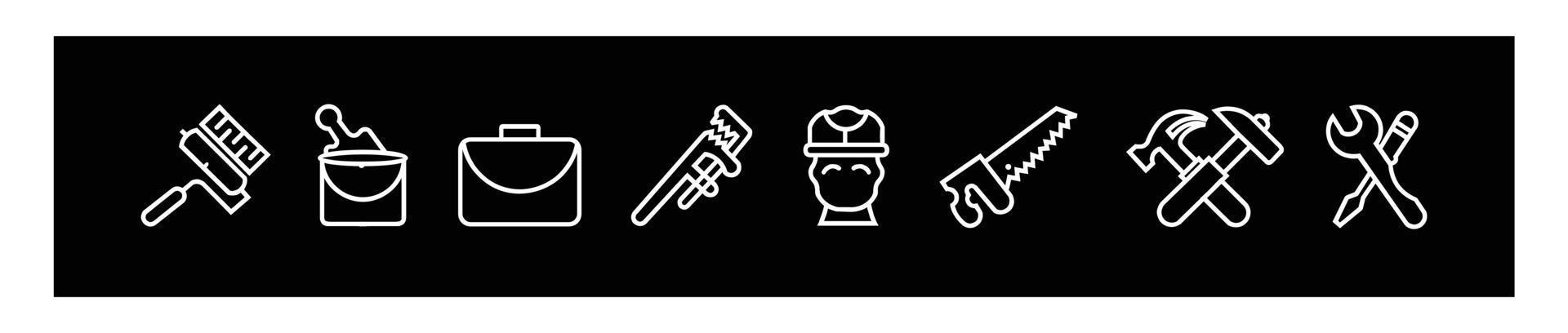 herramientas de construcción flujo de trabajo del sitio de construcción e iconos de diseño de gestión, maquinaria y equipo de construcción esbozan el logotipo de la línea para el diseño sobre fondo negro. vector