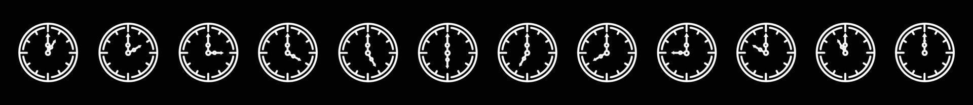 Time clock line icons  Alarm and Smartwatch Time  24 hour clock  icons for design on black background. vector