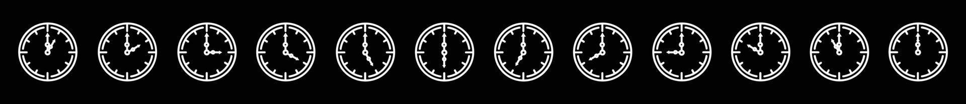 iconos de línea de reloj de tiempo alarma y reloj inteligente iconos de reloj de 24 horas para el diseño sobre fondo negro. vector