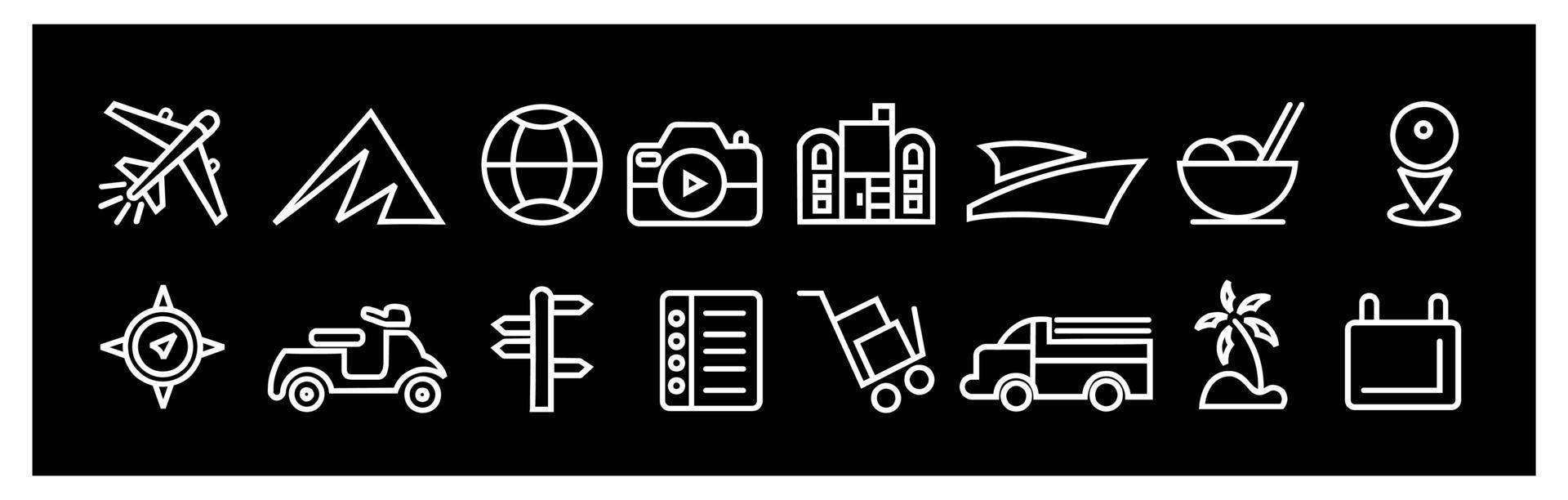 vacation tourism travel thick line,Travel icons set Tourism simple icon collection  for design on black background. vector