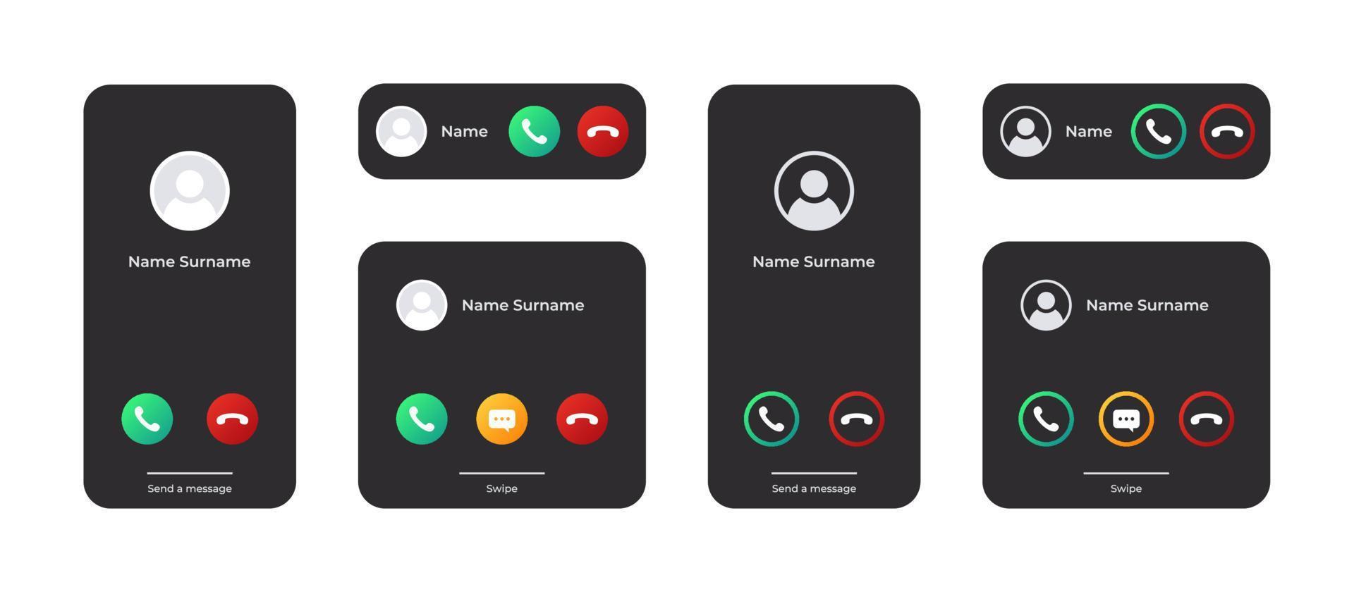 Interface incoming call. Mobile phone call screen. Communication signs. Vector images