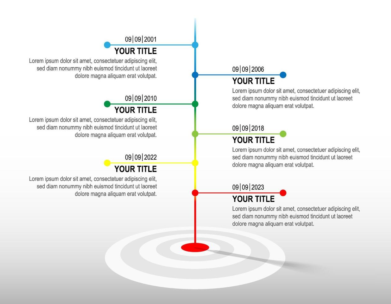 Colours line hit to dartboard with sample infographic. target timeline. Business success data chart, investment goal, marketing challenge, strategy presentation, achievement diagram. vector template.