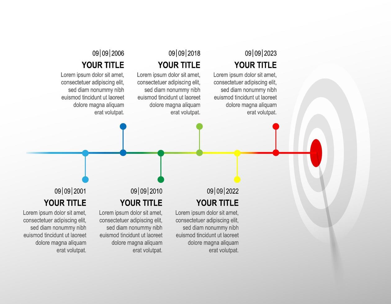 Colour line hit to dartboard with sample infographic. target timeline left to right. Business data chart, investment goal, marketing challenge, strategy presentation, achievement diagram. template vector