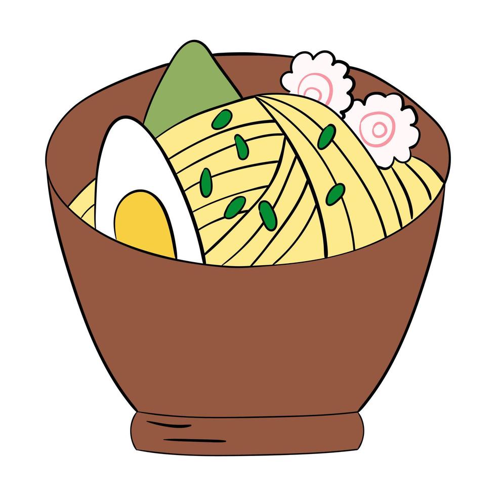 Ramen noodles with egg and vegetables. Vector illustration