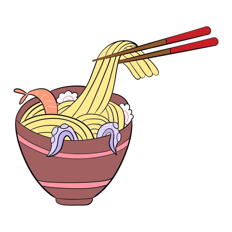 Ramen noodles with shrimp and octopus, with chopsticks. Vector illustration