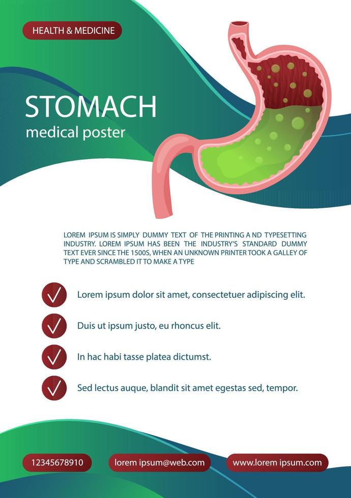 diseño de plantilla de atención médica para folleto, póster, volante con estómago humano, ilustración vectorial vector