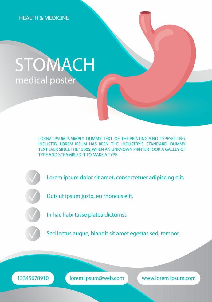 plantilla de atención médica para folleto, póster, volante con ilustración de vector de infografía de estómago humano