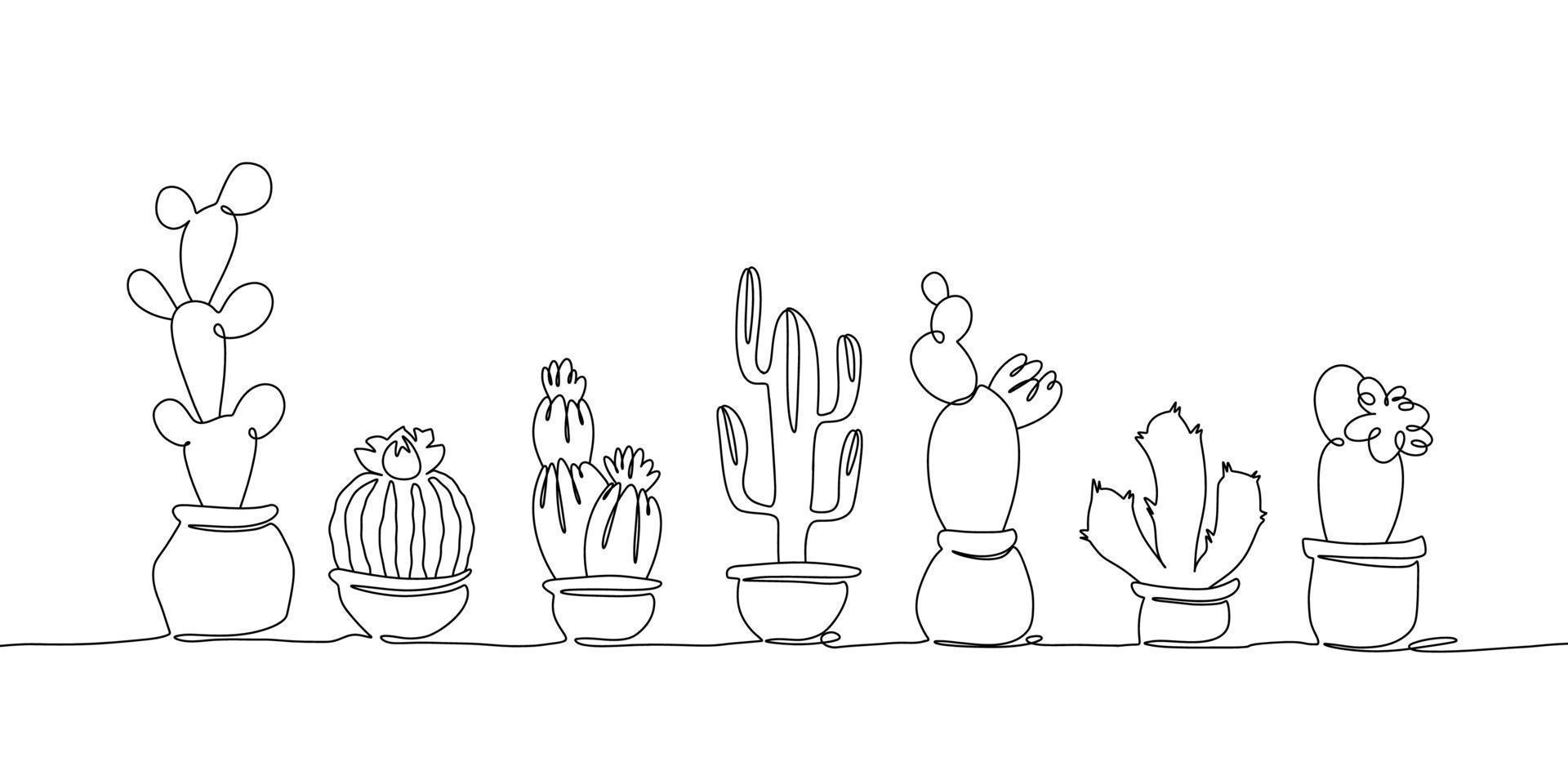 Set of hand drawn cacti in pots vector