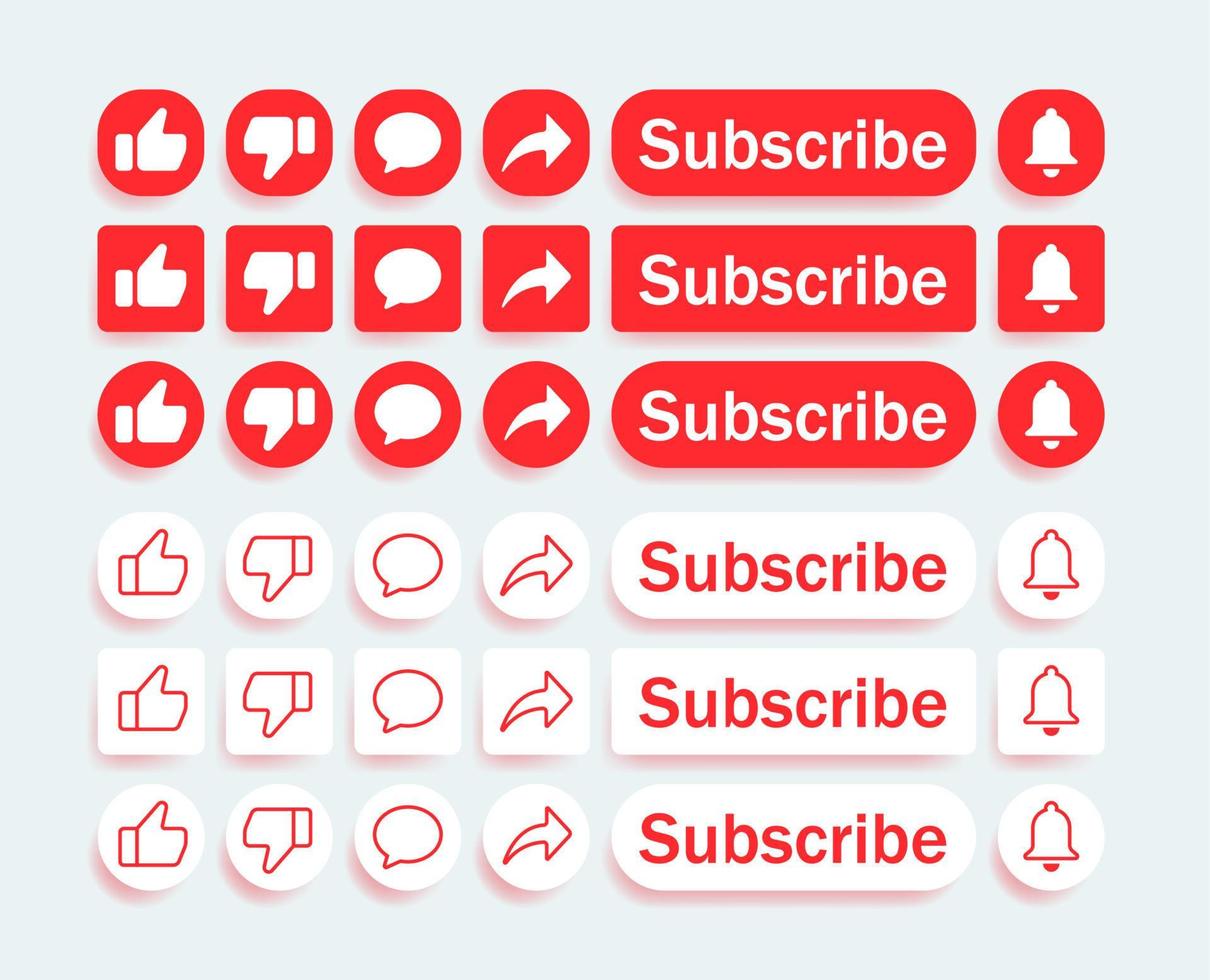 set of like, comment, share, subscribe and bell notification icon design vector