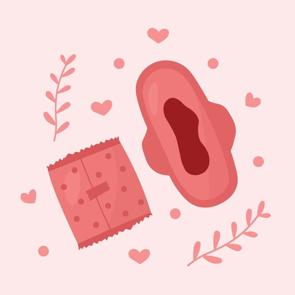 Menstrual pad with blood in pink color set. Period female products concept. vector