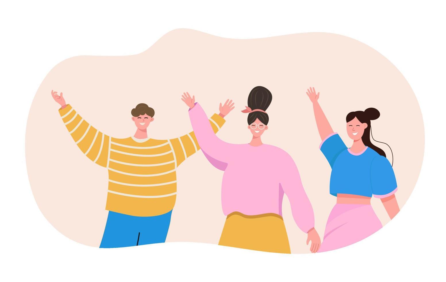 Set of people celebrating win or goal achievement. Happy team or group of friends with hands up isolated on white background. Concept of victory and success. Vector illustration in flat cartoon style