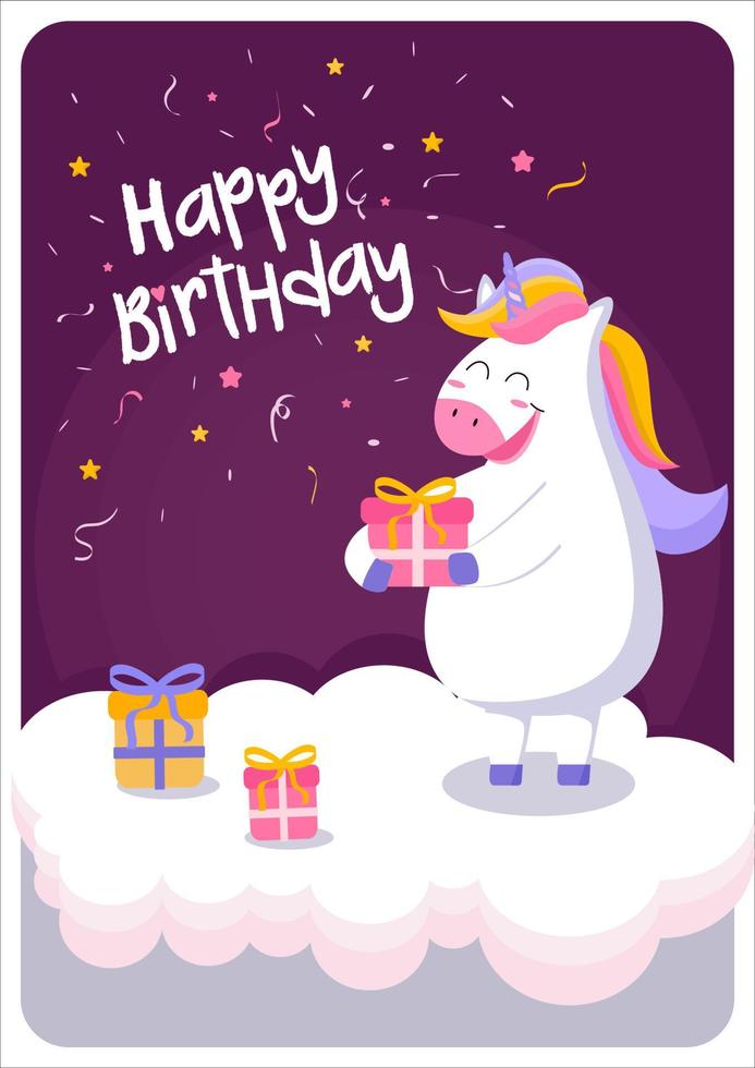 preciosa tarjeta de felicitación de cumpleaños con unicornio vector