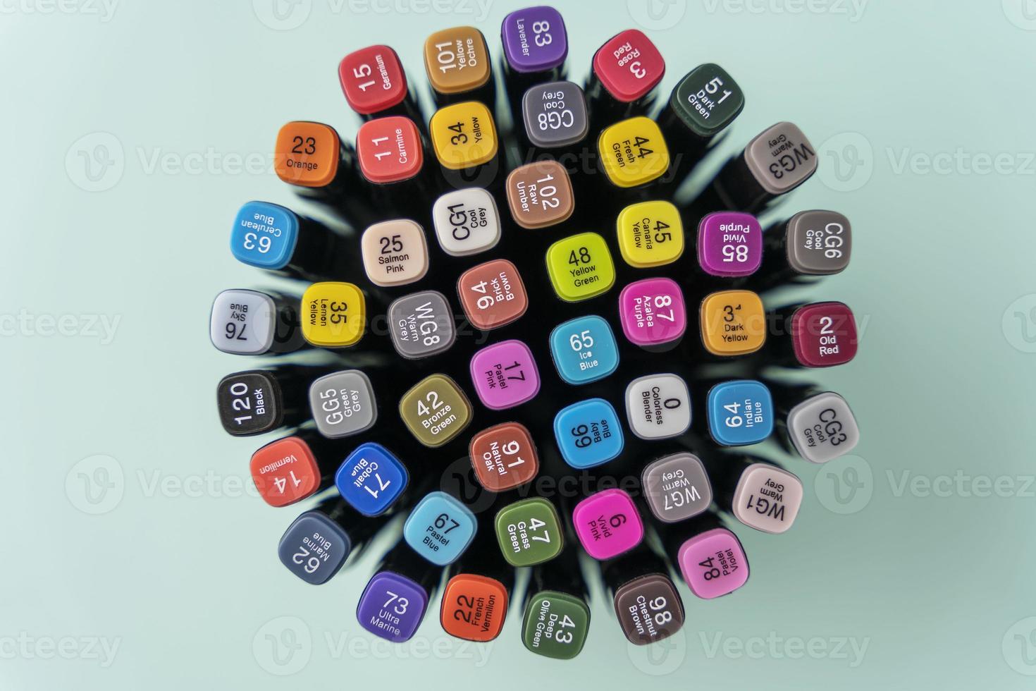 A set of colored markers, multi-colored markers, a top view on a turquoise background, the concept artistic creativity photo