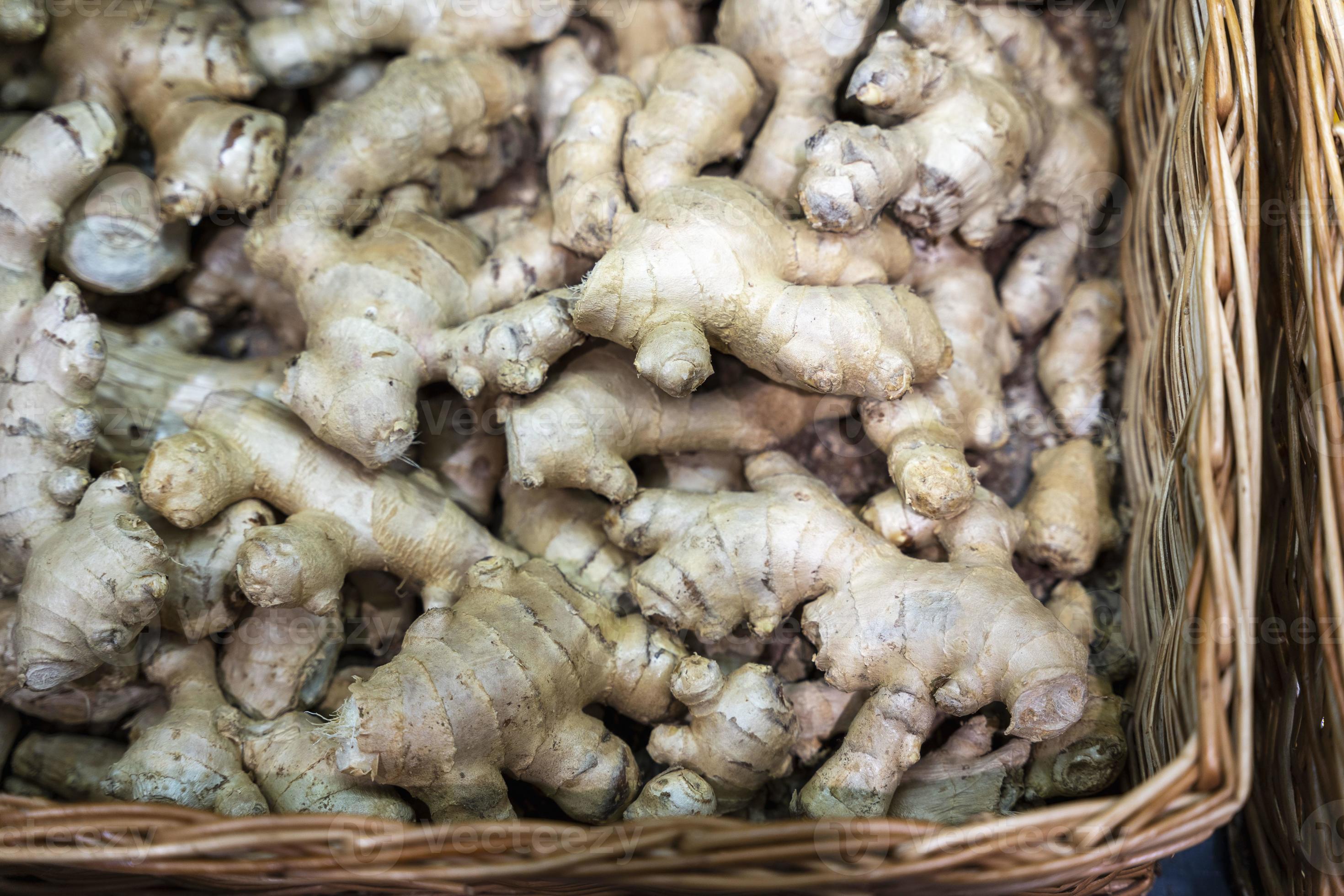 Ginger in a basket on the supermarket counter, sell ginger roots in a