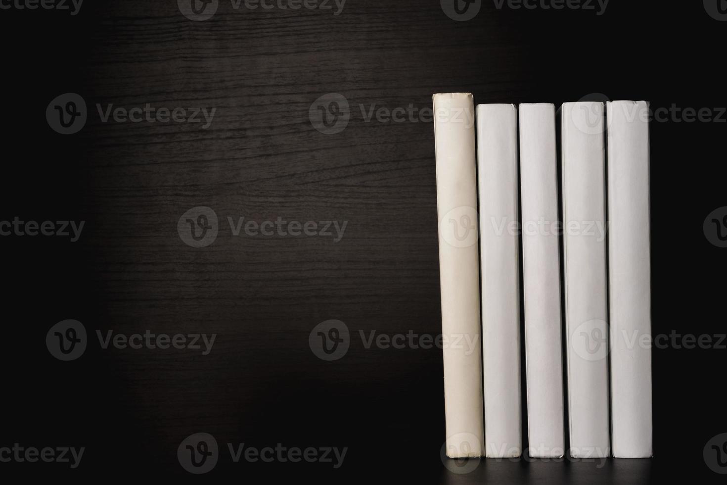 A row of white blank books on a shelf on a black background, free space for copying, without labels, an empty spine. photo