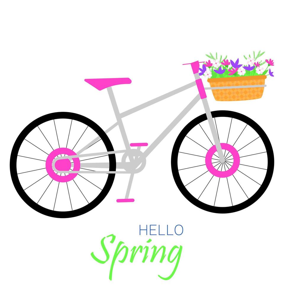 Bicycle with basket of flowers. Spring square card or banner vector illustration.