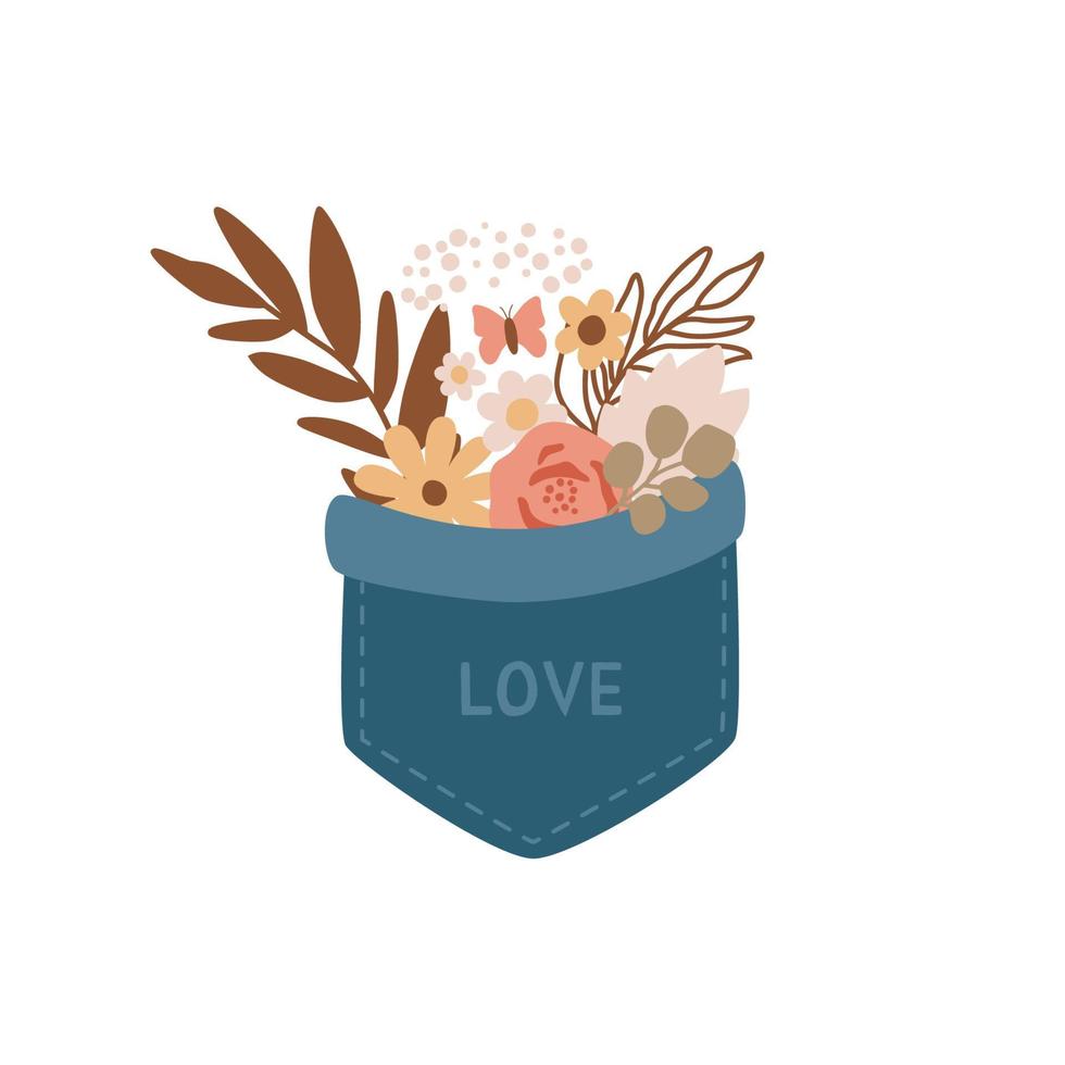 Bouquet in jeans pocket with word love isolated element hand drawing in vector. Cute summer flowers, leaves, pocket illustration for Valentines day design, romantic poster, plant lovers banner, flyer. vector