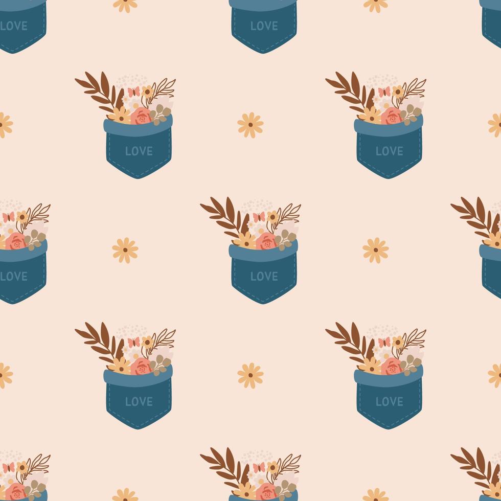 flores en el bolsillo. diseño de patrones sin fisuras de primavera en vector. fondo romántico para el día de san valentín fondo de repetición floral de verano dibujado a mano, ilustración de flores pastel, lindo papel tapiz pastel. vector